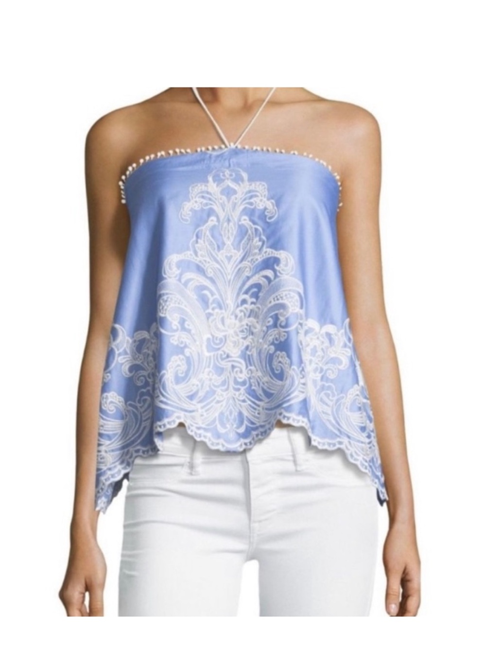 Anthropologie Light Blue & White Embroidered Halter Camisole
